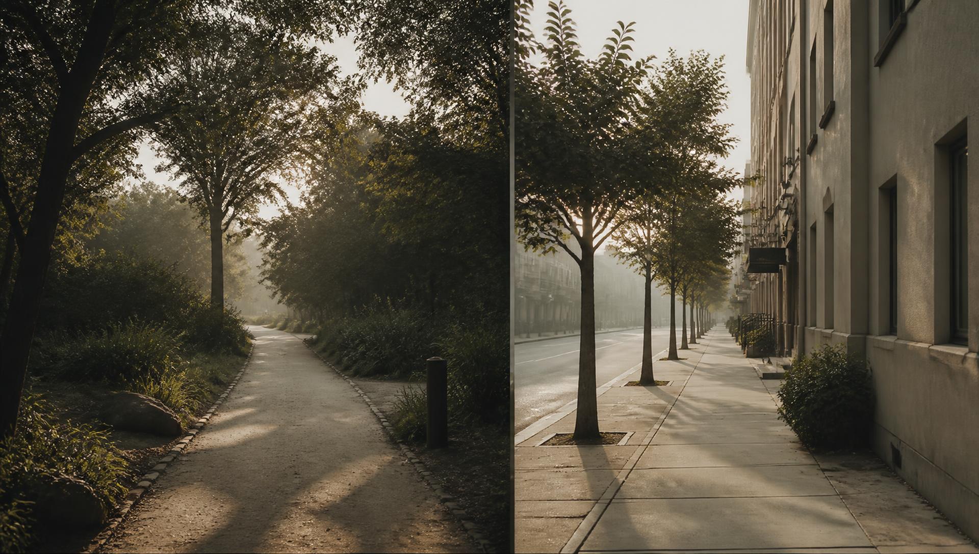 Dos caminos distintos con luz de mañana: un sendero en un parque y una banqueta arbolada en la ciudad.